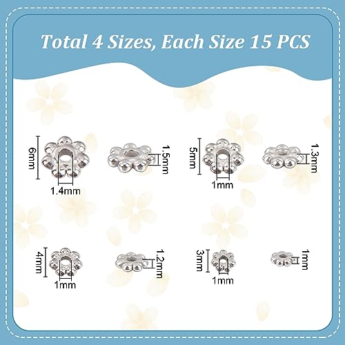 UNICRAFTALE 80 pcs 4 Sizes 3-6mm 304 Stainless Steel Flower Spacer Beads Mini Snowflake Daisy Beads Metal Small Loose Beads for DIY Bracelet Necklace Earring Jewelry Making - size: 3/4/5/6mm