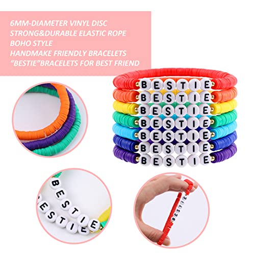 Rainbow Heishi Surfer Bracelets Set for Women Stackable Clay Beaded Bracelets Disc Stretch Preppy Bracelets Layering Colorful Friendship Bracelets Team Cheer Bulk Boho Summer Beach Jewelry Gift - style: BESTIE