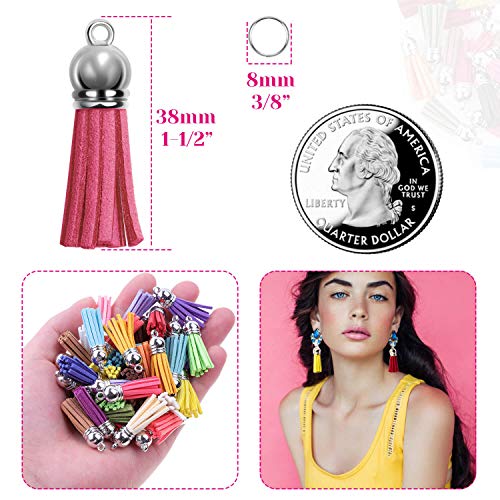 PAXCOO Tassels for Jewelry Making, 50pcs Leather Tassel Keychain Charms Bulk with 50pcs Jump Rings for Bracelets, Acrylic Key Chain Blanks and Craft Supplies - size: 38 mm
