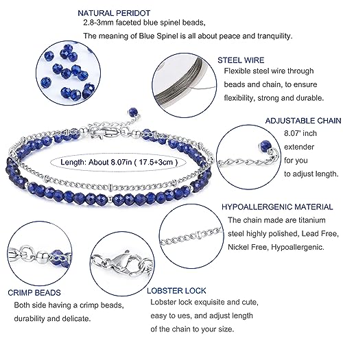 Peridot Stand Silver Gold Bracelets, Handmade Birthstone Stack Bracelet Crystal Gemstones Bead Chain Gift for Women, 8" - color: Silver-09-Blue Spinel