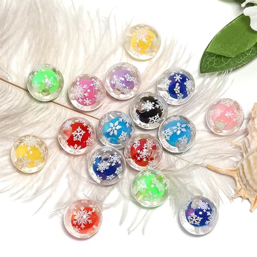 15Pcs Acrylic Beads Round 16mm UV Bead in Bead with Snowflake Print Fit for DIY Jewelry Bracelet Necklace Keychain Beadable Pens Mobile Phone Chain Making Cute (Snowflake-Mixed Color) - color: Snowflake-Mixed color