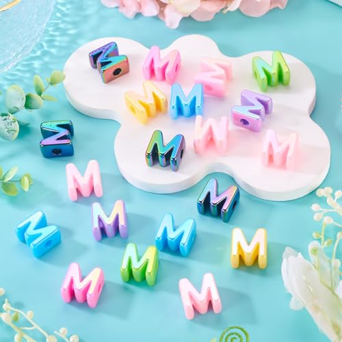 Beadthoven 20pcs Big Letter M Beads Large Hole Bubble Alphabet Acrylic Beads Charm Iridescent Plastic M Shape Loose Chunky Spacers for Jewelry Making Bracelet Necklace Keychains Shoelaces Crafts - color: M