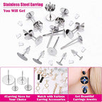 Earring Posts and Backs, Flasoo 700Pcs Stud Earring Making Kit with 300Pcs Stainless Steel Earring Posts and 400Pcs Earring Backs, Earring Supplies Kit for DIY Earrings and Jewelry Making - color: Silver