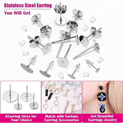 Earring Posts and Backs, Flasoo 700Pcs Stud Earring Making Kit with 300Pcs Stainless Steel Earring Posts and 400Pcs Earring Backs, Earring Supplies Kit for DIY Earrings and Jewelry Making - color: Silver