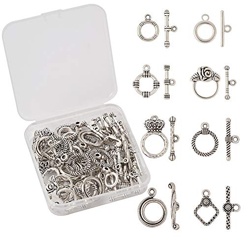 Craftdady 40 Sets Antique Silver Round Ring Toggle Clasps 8 Styles Tibetan Metal Closure End Clasps with T-Bar Connectors for Craft Bracelet Jewelry Making - color: 8 Styles,Antique Silver