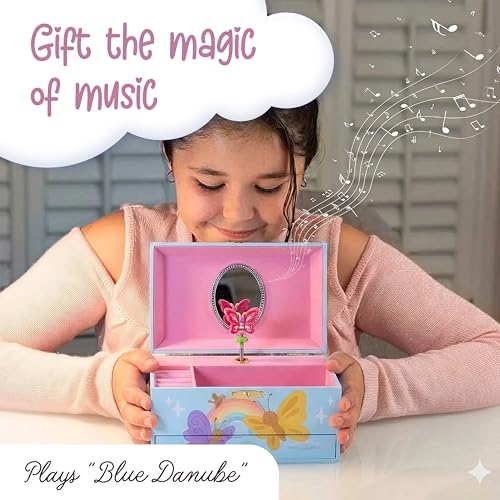 The Memory Building Co Butterfly Musical Jewelry Box Plays Classic Melody, Storage Organizer Music Box for Kids Ages 6-12, MDF Wood w/ 2 Fabric Lined Ring Bracelet Necklace Treasure Compartments - style: Butterfly