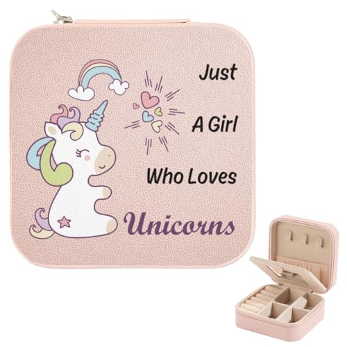 Unicorn Gifts for Girls Daughter Gifts Just A Girl Who Loves Unicorns Pink Travel Jewelry Case Birthday Christmas Gift Cute Small Jewelry Box with Mirror Ring Storage Earring Holder - color: Just A Girl Who Loves Unicorns