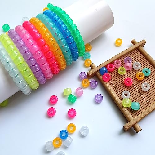 Looconi 1000pcs Pony Beads Multicolor Glow in The Dark and Rainbow Elastic String Mixed Colors 6x9mm Acrylic Beads for Jewelry Making - color: Glow+Line