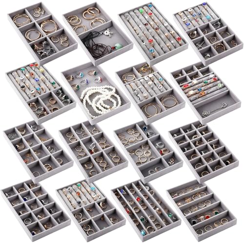 Landical 16 Pcs Stackable Jewelry Organizer for Drawer Velvet Jewelry Tray with Dividers Earring Holder & Ring Display Box Fits 8.4 x 5 x 1 Drawer Necklace Storage for Women, Girls,16 Styles (Grey) - color: Grey