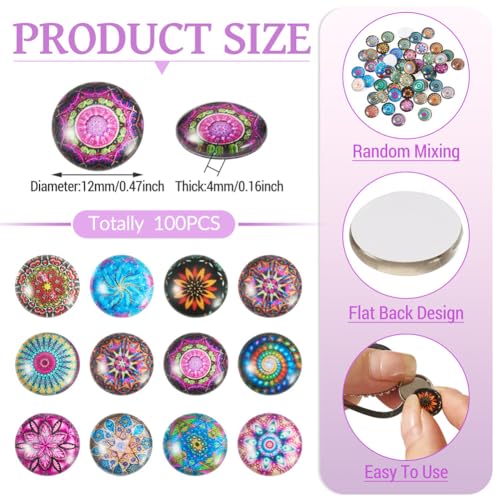 100Pcs/Set Flat Round Transparent Glass Cabochons with Pattern Eye Flatback Glass Dome Flatback Cab Beads for Photo Cameo Jewelry Making Necklace Ring DIY Crafts 12x4mm Random Flower - color: 100Pcs-12x4mm-Random Flower