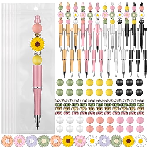 Colarr 24 Sets Plastic Beadable Pens DIY Pens Making Kit Assorted Wood Beads Crystal Spacer Black Ink Ballpoint for Women Crafts Office Family Gifts(Daisy) - style: Daisy