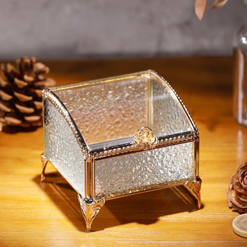 Glass Vintage Jewelry Box Keepsake storage Trinket Ring Display Box Home Decor Baked Curved Clear Glass Box Organizer(3.8x3.8x3Inches) - color: Vintage Gold