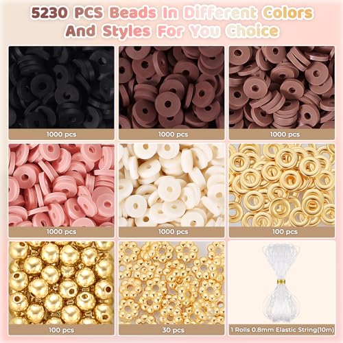 Funtopia 5200+ Pcs Brown Clay Beads Bracelet Making kit, Heishi Beads Polymer Clay Beads for Jewelry Making, Friendship Bracelet Kit with Gold Beads Charms for Girls Adults (6mm) - color: 5.Brown