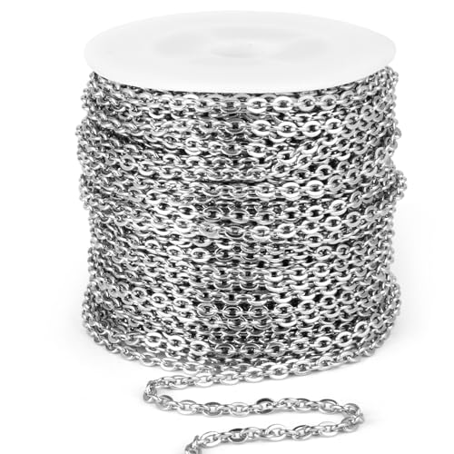 [66 Feet/ 20M] Stainless Steel Chain Bulk, 3.0mm 304 Stainless Steel Chains Flat Cable Link Chain Bulk for Jewelry Making DIY Craft - color: Stainless Steel, size: 3.0mm width