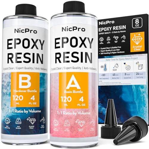 Nicpro 8 Ounce Crystal Clear Epoxy Resin Kit, Food Safe DIY Starter Epoxy Resin for Art Craft, Canvas Painting, Molds Pigment Jewelry Making, Resin Coating and Casting - size: 8 oz.