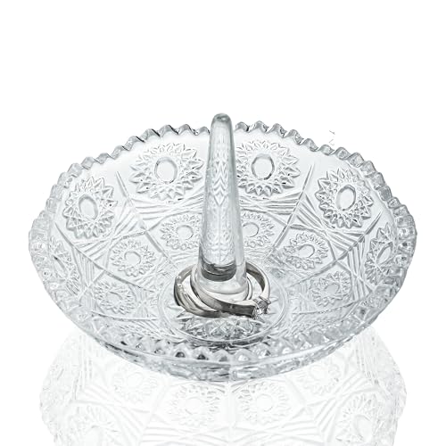 H&D HYALINE & DORA Crystal Ring Holder Dish, Clear Glass Ring Holder for Jewelry,Round Jewelry Holder Tray for Rings Earrings Necklace Organizer - color: Sun-carved