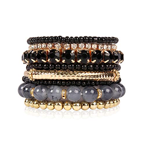 RIAH FASHION Multi Color Stretch Beaded Stackable Bracelets - Layering Bead Strand Statement Wrap Bangles - color: Original - Black, size: 7.0 Inches Length