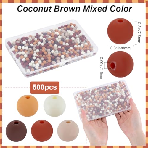 1 Box 500Pcs Frosted Acrylic Beads 8mm Matte Plastic Beads Bulk Mix Colors Coconut Brown Pastel Matte Balls Round Loose Bead for Bracelet Necklace Jewelry Making Kit Keychain Supplies - color: Coconut Brown