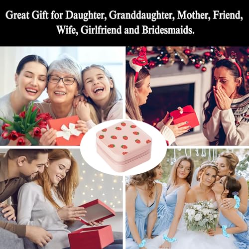 Strawberry Small Travel Jewelry Case with Mirror Portable Pink PU Leather Box Earrings Necklaces Rings Bracelets Storage Organizer Gift for Women And Girls