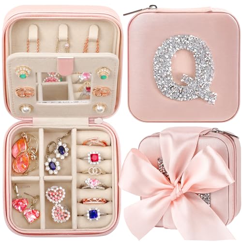 CHMI Small Travel Jewelry Case,wedding jewelry for bridesmaids,Jewelry Box Organizer,Vacation Essentials Travel Accessories for Women,travel jewelry case organizer,Initial pink Q - color: Champagne Pink, size: Q