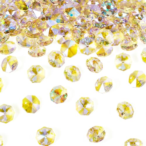 100Pcs Glass Beads Crystal Beads 2 Hole Faceted Octagon Shape Crystal Spacer Beads Yellow Beads for Lamp Hanging Window Necklace Bracelet Jewelry Making - color: Yellow