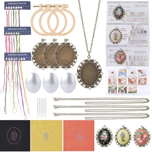 SUNNYCLUE DIY 3 Sets Embroidery Necklace Kits Embroidery Necklace Pendant with Chains Hoops Cloth Spring Flowers Pattern Stitch Kit for Jewelry Making Crafts Supplies Adults Beginner Starter Women - style: Flower 1