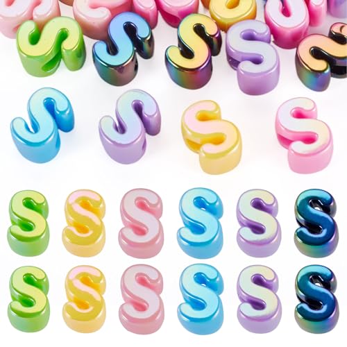 Beadthoven 20pcs Big Letter S Beads Large Hole Bubble Alphabet Acrylic Beads Charm Iridescent Plastic S Shape Loose Chunky Spacers for Jewelry Making Bracelet Necklace Keychains Shoelaces Crafts - color: S