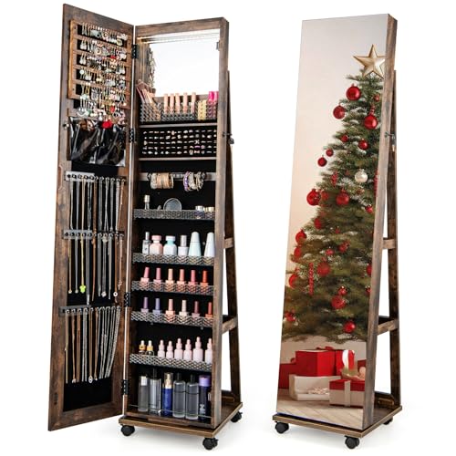 CHARMAID Jewelry Cabinet Armoire with Wheels, 64" H Full Length Mirror, 3-Color LED Lights, Height Adjustable Shelves, Lockable Standing Jewelry Organizer with Back Storage Shelves (Rustic Brown) - color: Rustic Brown, size: 64"H