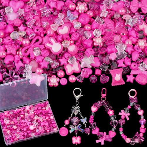 200-260PCS TINKRSTUFF Assorted Acrylic Beads Rose Pink Cute Beads for Bracelet Making,Bow Star Aesthetic Flower Butterfly GummyBear Kawaii Charms for Jewelry Necklace Making DIY Keychain Phone Charm - color: Rose Pink-150g