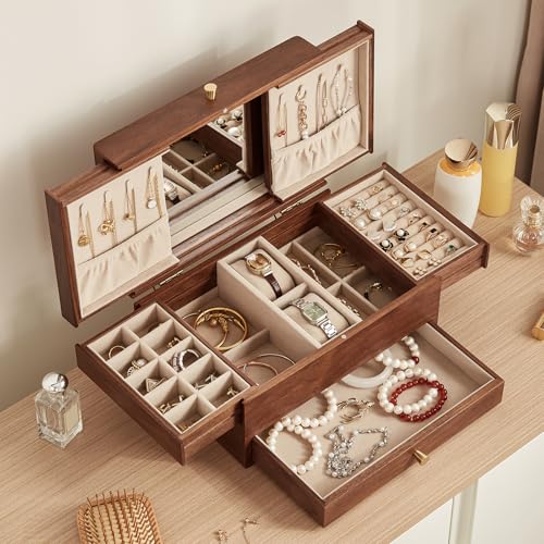 CHOSIN Black Walnut Wooden Jewelry Box for Women, 3 Level Multi-functional Drawer Organizer Box Watch Necklace Ring Earring Storage Mothers Day Gifts for Mom - style: With Mirror1