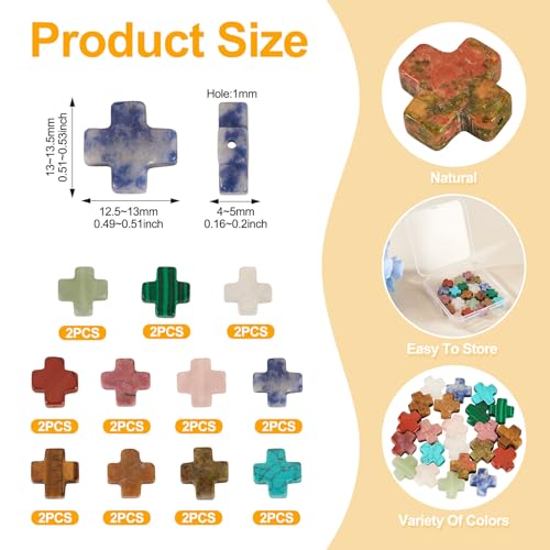 22 Pcs Natural Gemstone Cross Beads 12.5-13mm Cross Crucifix Beads Mixed Turquoise Bead Crystal Crucifix Charms for Easter Holiday Eid Mubarak Ramadan Jewelry Making - color: 11 Colors-Mix Stones
