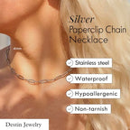 Destin Jewelry Paperclip Chain Necklace for Women, Waterproof 18K Gold Plated Stainless Steel, Hypoallergenic, Adjustable Layering Chain, Tarnish-Resistant, 2.5–6.5mm - color: Stainless Steel, size: 30" + 2", style: 2.5 MM