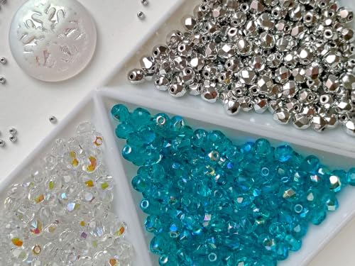 600 pcs Silver-Blue Mix of Faceted Fire Polished Czech Glass Round 4 mm Beads, 3 Vibrant Colors. for Jewelry Craft Making. - color: Silver Blue Mix
