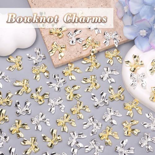60 Pcs Alloy Bow Bowknot Charms, Silver and Gold Bow Tie Pendant Charms Bulk for Jewelry, Bowknot Pendants Earring Charm Necklace Bracelets DIY Crafts Supplies - color: Set-3