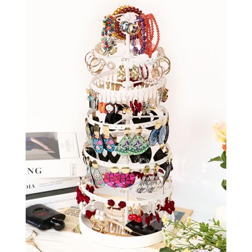 17Dec 6 Tier Rotating Jewelry Organizer Stand, 230 Holes Earring Holder Organizer for Women Girls, Spinning Earring Tree with Ring Holder, Wide Base for Bracelets Watches Lipstick - color: 6-Tier Earring Tower,White