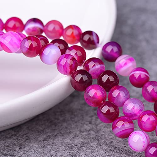 37Pcs Natural Crystal Beads Stone 10mm Fushia Stripe Onyx Agates Gemstone Round Loose Energy Healing Beads for Bracelet Necklace Earrings Jewelry Making - color: Fushia, size: 10MM