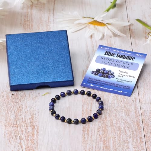 QOGIR 14k gold Handmade Healing Bracelet, Natural Gem Stone Crystal Elastic Gold Bracelet - color: Blue Sodalite - Self Confidence, size: 6m