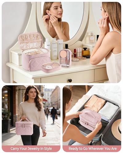 Jewelry Travel Case with 2 Clear Pouches, 2-Layer Jewelry Organizer Storage Bag for Necklaces, Earrings, Rings, Bracelets, Pink(Empty Bag) - color: Pink