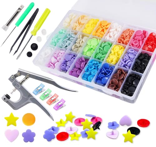 Snap Button with Snap Pliers Set,Lemonfiter 460 Sets Snap Fasteners T5 Plastic Buttons,23 Colors No-Sew Starter Button Fastener Set for Clothing Diapers Bibs Rain Coat Crafting - style: 23 Color 460 Sets