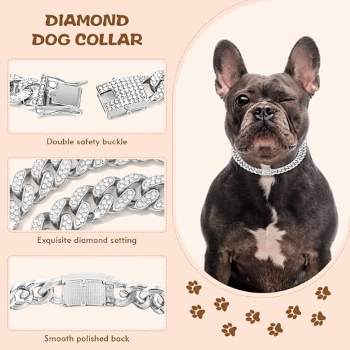 10 Inch Silver Cuban Link Dog Collar - Bling Diamond Dog Chain Collars, Non-Adjustable Small Dog Collar with Secure Buckle (Perfect for Chihuahuas, French Bulldogs) - size: 10 inch