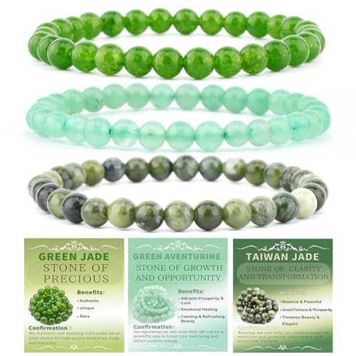 NCB 2.3-Piece 4mm Natural Crystal Gemstone Stretch Bracelets – Handmade Reiki Energy Healing Jewelry for Meditation,Yoga, Unisex - color: 3PCS ( Green Jade+Green Aventurine+Taiwan Jade ), size: 6mm