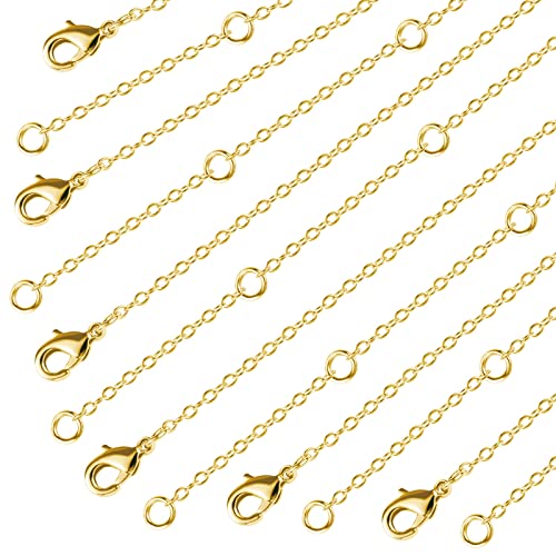 Wholesale 12 PCS 14K Real Gold Plated Solid Brass Thin O Chain Necklace 1 MM Finished Chain Bulk for Jewelry Making, Size 16" + 2" Extender