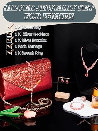 Henoyso 5 Pcs Rhinestone Jewelry Sets Prom Purse Jewelry Rhinestone Clutch Purse Bride Necklace Earrings Bracelets for Women - color: Red
