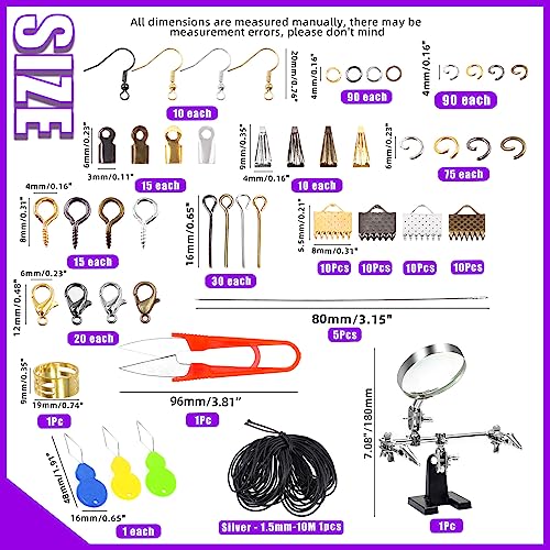 Swpeet 1490Pcs Jewelry Making Supplies Kit with Jewelry Making Tools, Jewelry Pliers, 4 Color Jewelry Wires and 38 Styles Jewelry Findings, Helping Hands Magnifier Necklace Chain Awl Tweezers Scissors - size: 2A