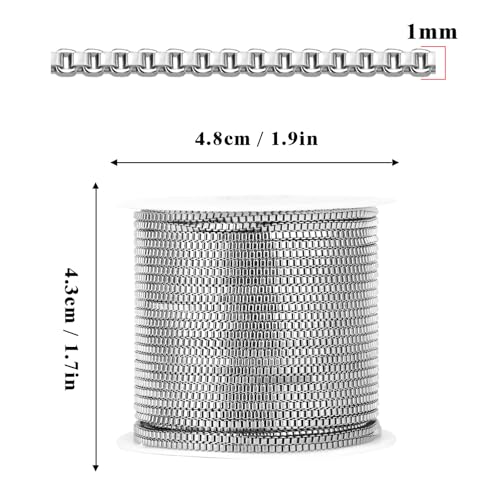 33FT Stainless Steel Box Chains Roll, 1mm 304 Stainless Steel Box Chain Spool Bulk for DIY Jewelry Making Necklace Bracelet - color: stainless steel, size: 1mm