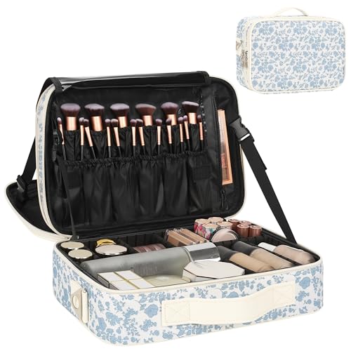 Relavel Makeup Bag Travel Train Case for Women and Girls, Cute Cosmetic Storage Organizer Box Portable Shoulder Bag with Adjustable Dividers and Makeup Brush Comparment, Floral Print - color: Floral Print, size: Medium