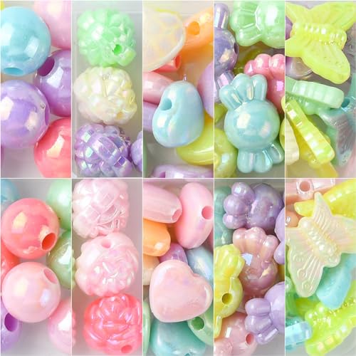Ipotkitt 1 Box AB Color Opaque Acrylic Beads Candy Color Spacer Bead Kit Round Heart Butterfly Candy Rose Beads for Bracelets Jewelry Making DIY Crafts - color: 1box-Mixed Shapes-9~13mm