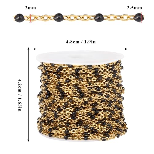 33 Feet Gold Enamel Chains Bulk, 2mm 18K Gold PVD Plated 304 Stainless Steel Black Enamel Beaded Cable Link Chain Roll Spool for Jewelry Making - color: Gold Black Beads