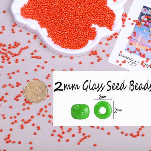 2mm Glass Seed Beads Bulk, Orange 12/0 Tiny Round Seed Bead, Small Mini Pony Craft Beads for Bracelet Necklace Wrist Jewelry Making Beading Weaving DIY Crafts Supplies - color: Orange