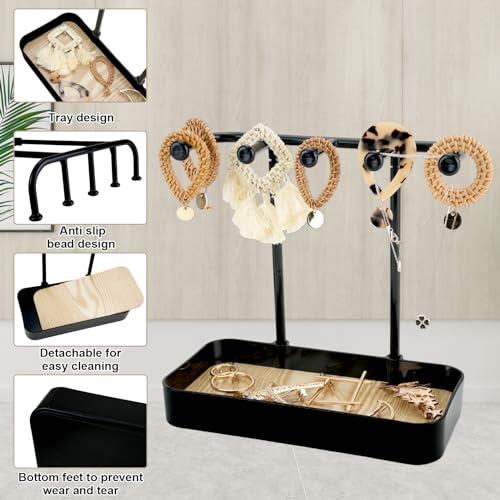 WCHOSOZH Jewelry Organizer Stand, Necklace Holder with Wooden Tray 5 Storage Hooks, Earring Holder with 5 Pcs Jewelry Bags for Bracelet,Chains,Rings,Earrings,Keys Watches,Necklaces (Black) - color: BLACK